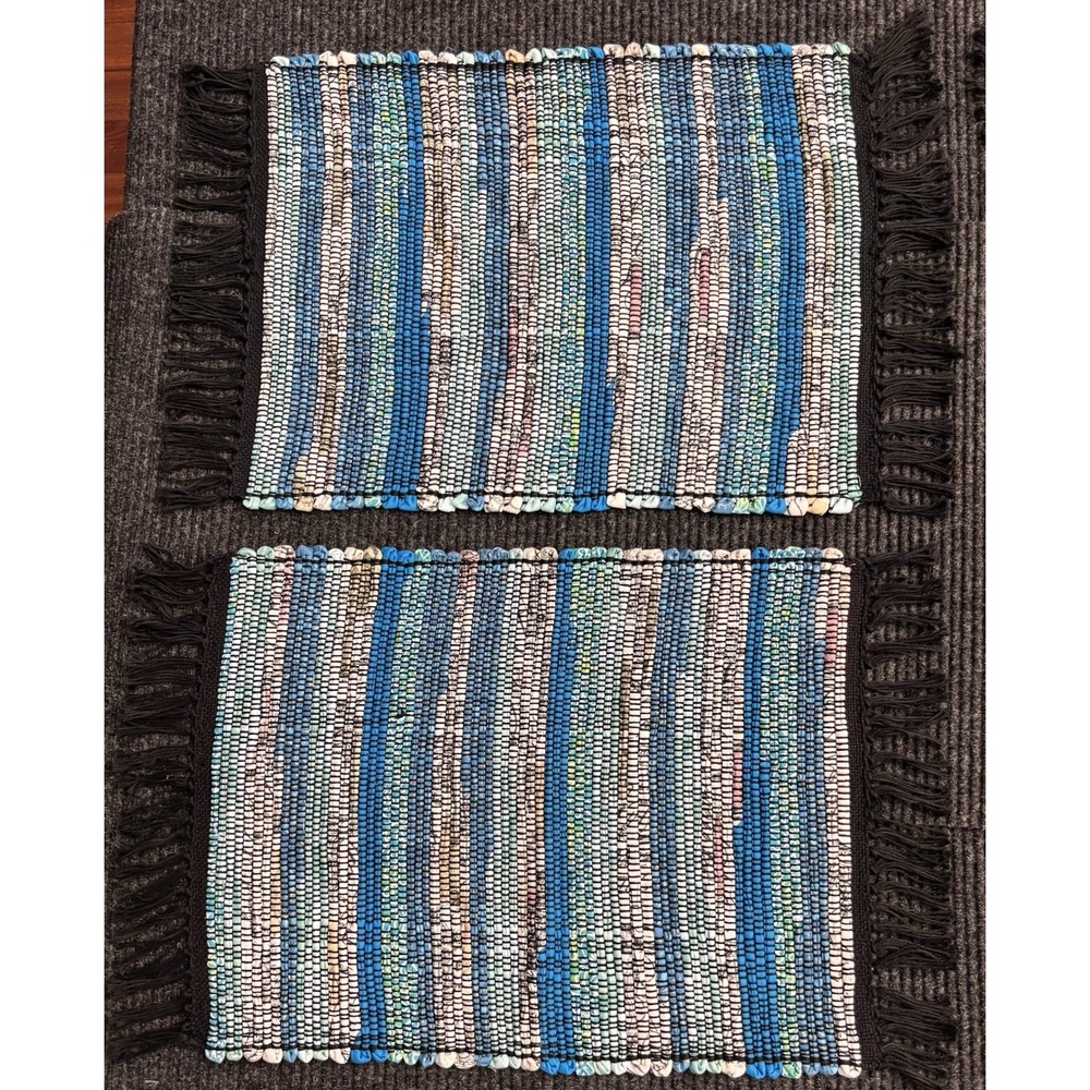 Set of 4 Blue Striped Woven Rag Placemats Handmade Multi Color Fringe Boho 13x19